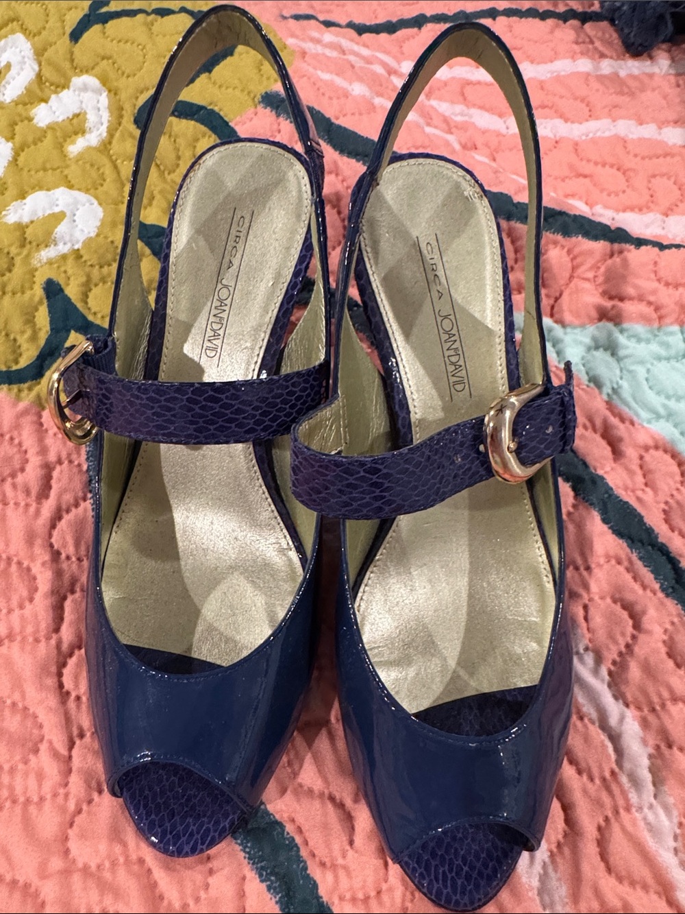 Joan & David Navy Patent Peep-Toe Slingbacks with Gold Buckles